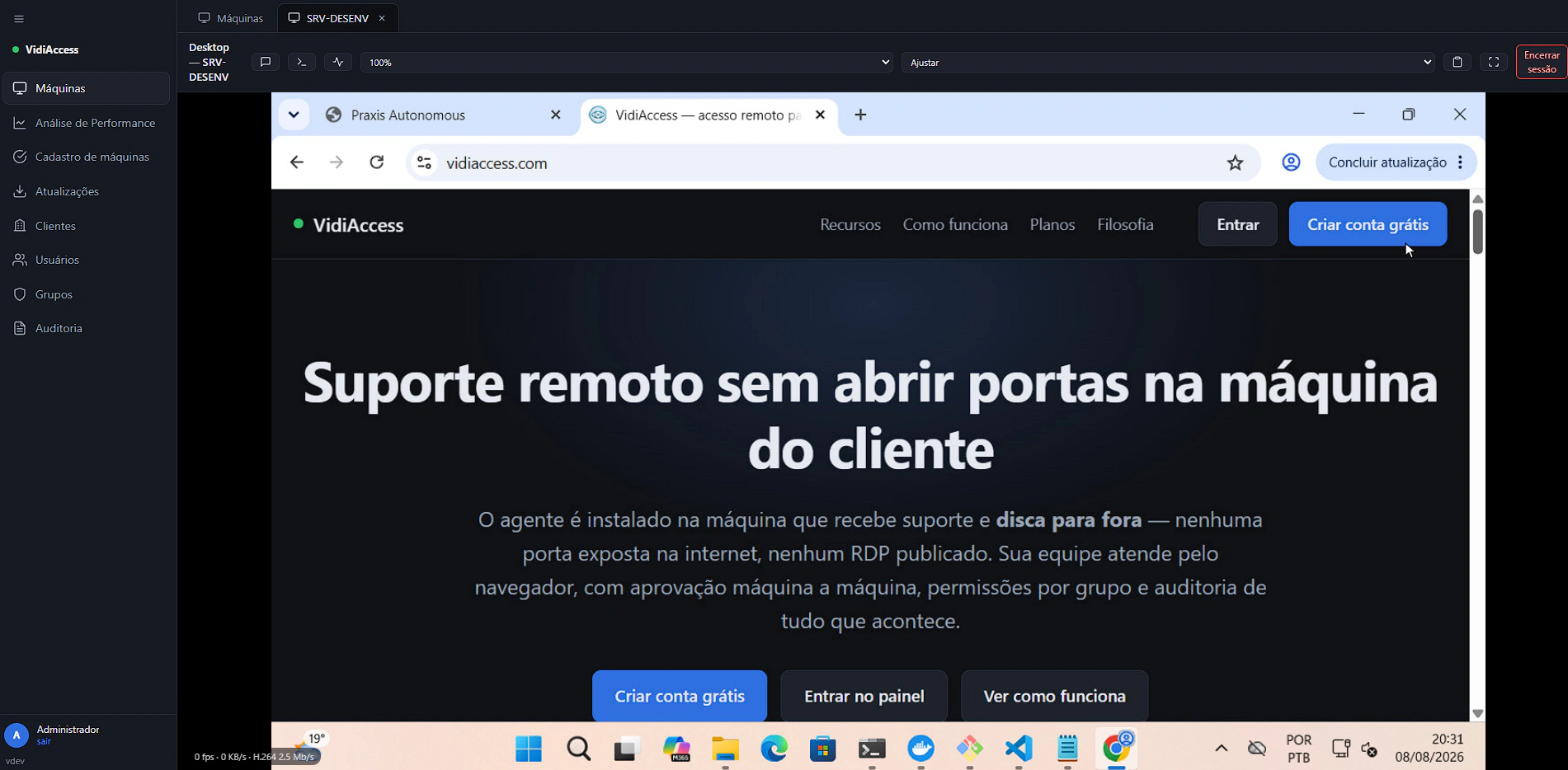 Painel do VidiAccess com uma sessão de desktop remoto aberta: a tela inteira da máquina do cliente aparece dentro do navegador do atendente.